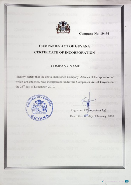 Download Guyana Certificate of Incorporation Photoshop template